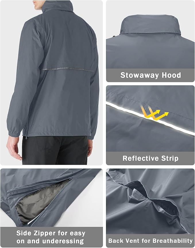 33,000ft Men's Pullover Rain Jacket Waterproof with Hood Lightweight Packable Raincoat Windbreaker for Golf Travel