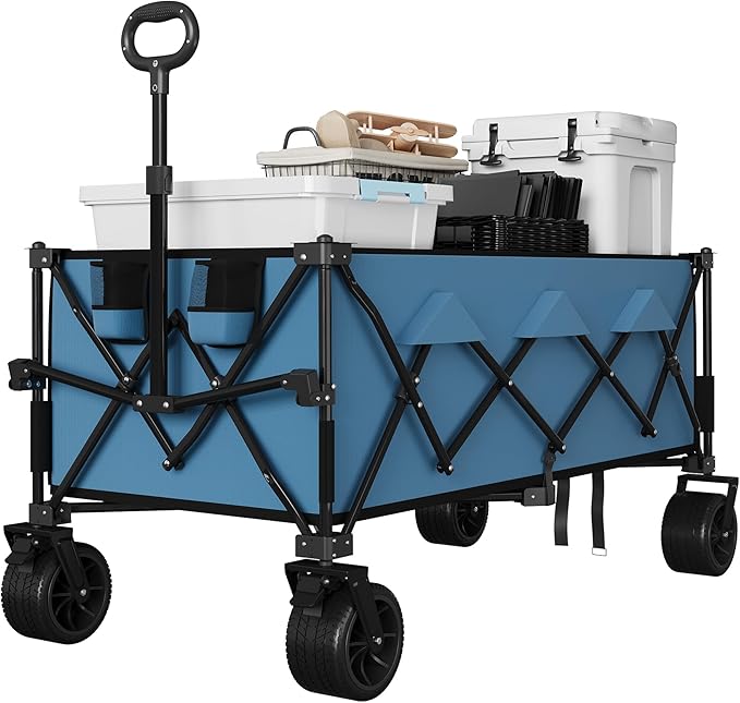 Heavy Duty Foldable Wagon for Beach, Extra Large Collapsible Foldable Wagon for Camping, All Terrain Beach Wagons Extended with Cup Holders for Sand