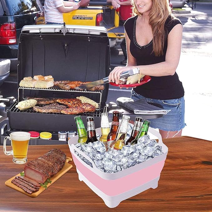 9L (2.4Gal Dish Basin Collapsible with Drain Plug Carry Handles , Space Saveing Kitchen Storage Tray Dish Wash Basin, Portable Dish Tub for Camping ,RV,Pink