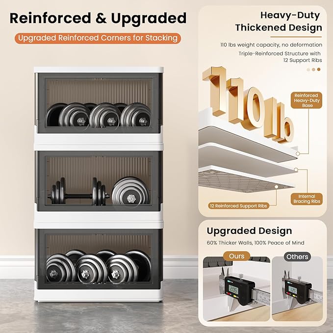 8.4Gal Collapsible Storage Bins with Lids & Wheels - 1 Pack Stackable with Doors, Heavy-Duty Plastic Containers for Home/Office, White