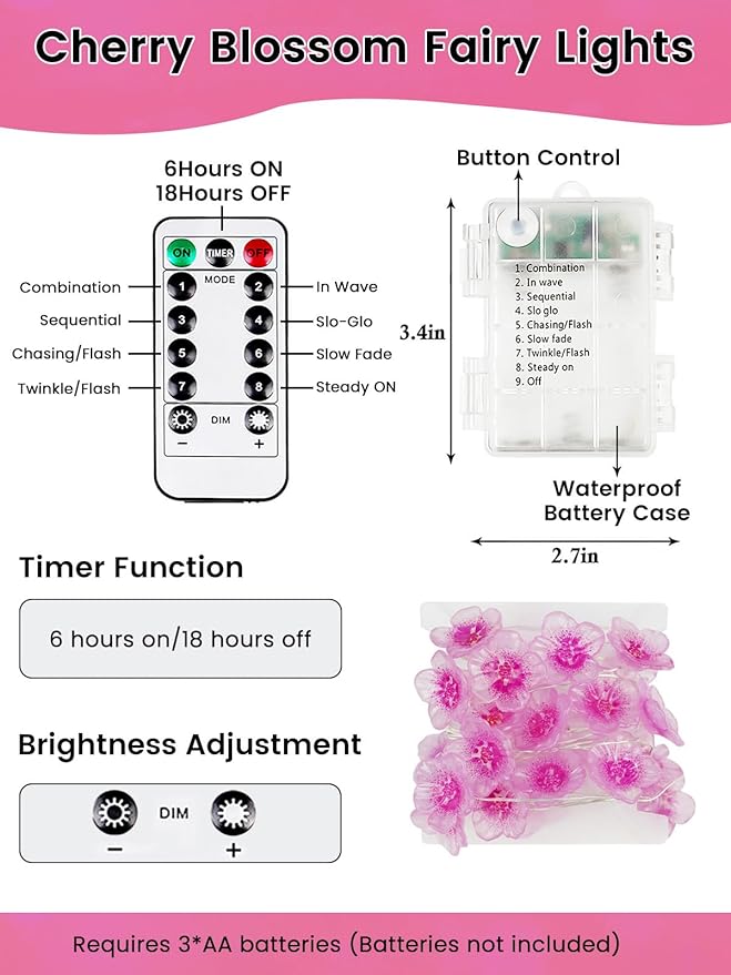 Cherry Blossom Flower String Lights for Bedroom, Pink Fairy Lights Battery Operated with Remote & 8 Modes & Timer, 10ft 30 LED Waterproof String Light Indoor Outdoor for Wedding Home Christmas Decor