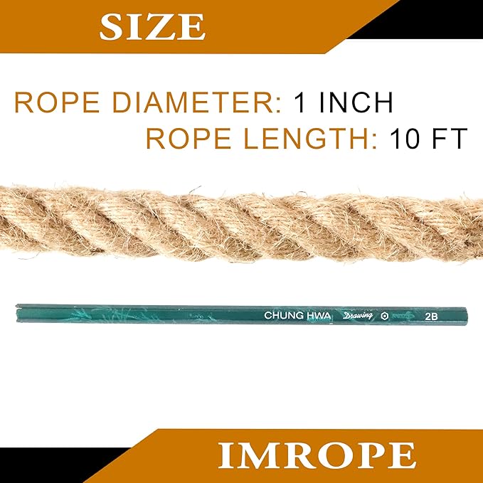 Jute Rope 1 Inch x 10 Ft, IMROPE Natural Jute Rope Twisted 4 Strands for DIY Arts Crafts, Garden, Home Decorating, Hammock