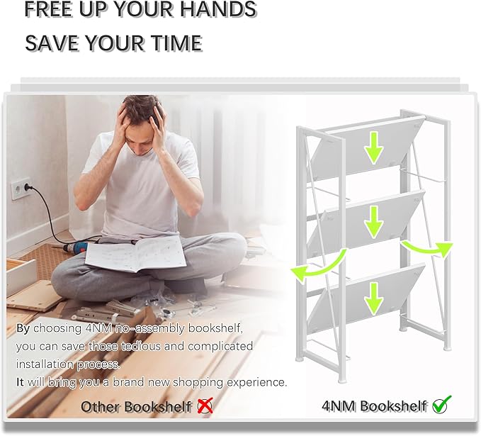 4NM No-Assembly Folding Bookshelf Storage Shelves 3 Tiers Vintage Bookcase Standing Racks Study Organizer Home Office (All White)