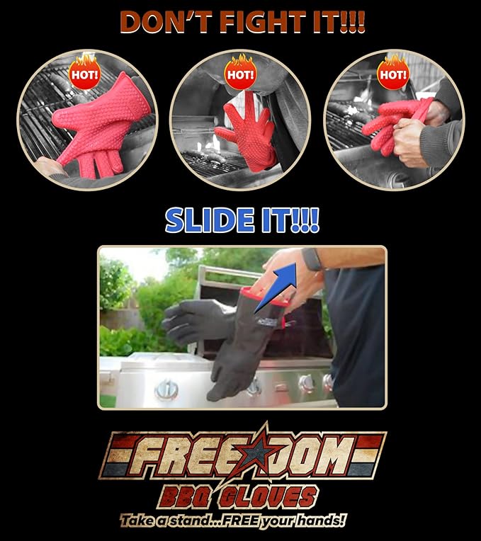 Freedom BBQ Gloves 932°F Heat Rated Magnetic EZ On Off Safety Clips Waterproof for Grills Smokers Fryers Ovens (14")