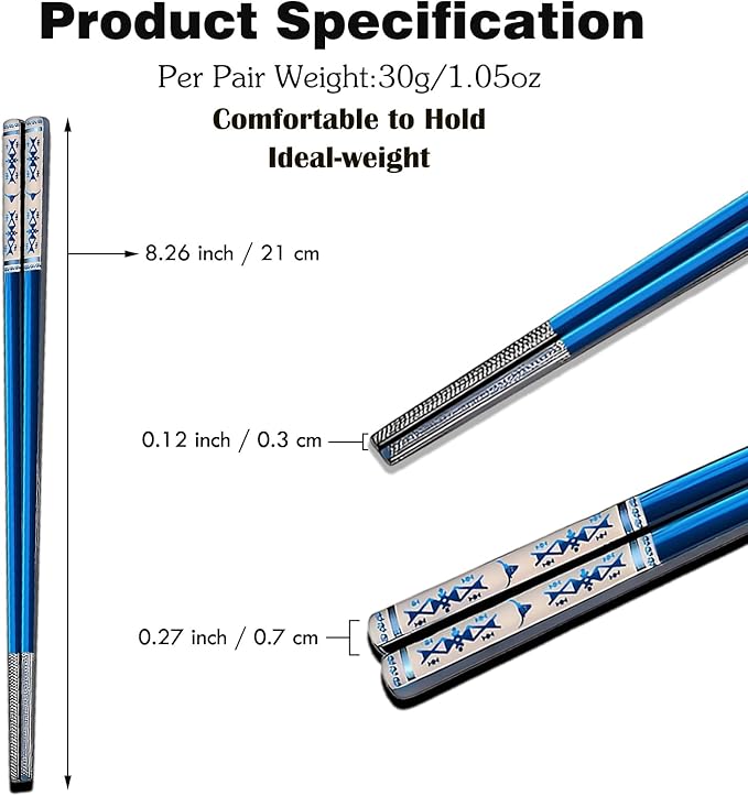 Metal Chopsticks Reusable 1 Pair Stainless Steel Travel Chopsticks Dishwasher Safe Square Lightweight Non-Slip Chop Sticks with case(Blue)