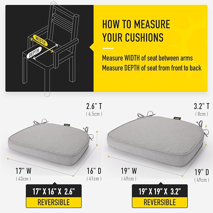 SUNROX Gel Memory Foam Chair Cushions, FadeShield Water-, Stain-Resistant Durable Reversible Seat Cushion Pads with Ties for Indoor/Outdoor Kitchen Dining Office, 19"x19", Set of 2, Heather Grey