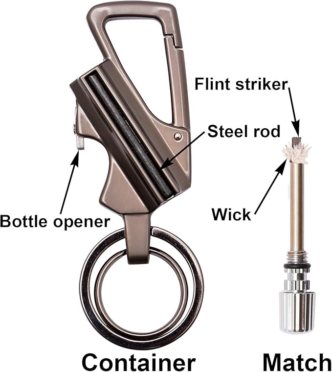 SURVIVE Permanent Match Bottle Opener Metal Keychain, Reusable Survival Fire Starter Lighter, Emergency Waterproof Striker Stick Kit
