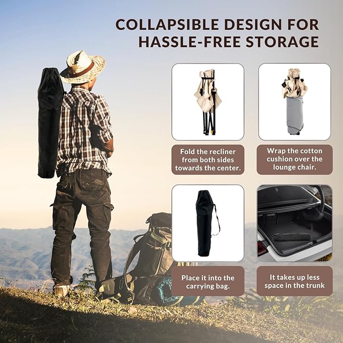 Reclining Camping Chair with Removable Footrest, 4-Position Adjustable Lightweight Folding Lounge Beach Chair with Cotton Cushion, Cup Holder & Storage Pouch for Outdoor(330lbs Capacity), Beige