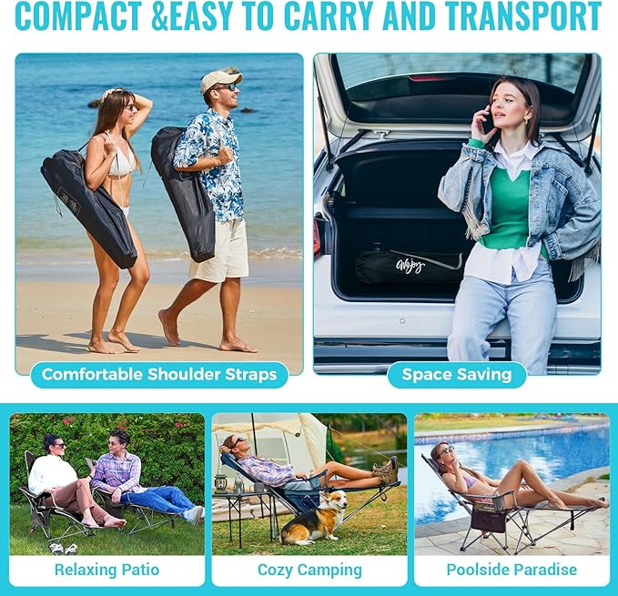 #WEJOY 2-in-1 Reclining Camping Chair with Footrest for Adults Folding Lounge Chair with Adjustable Backrest Lightweight Camping Chairs Heavy Duty Camp Chairs for Outdoor
