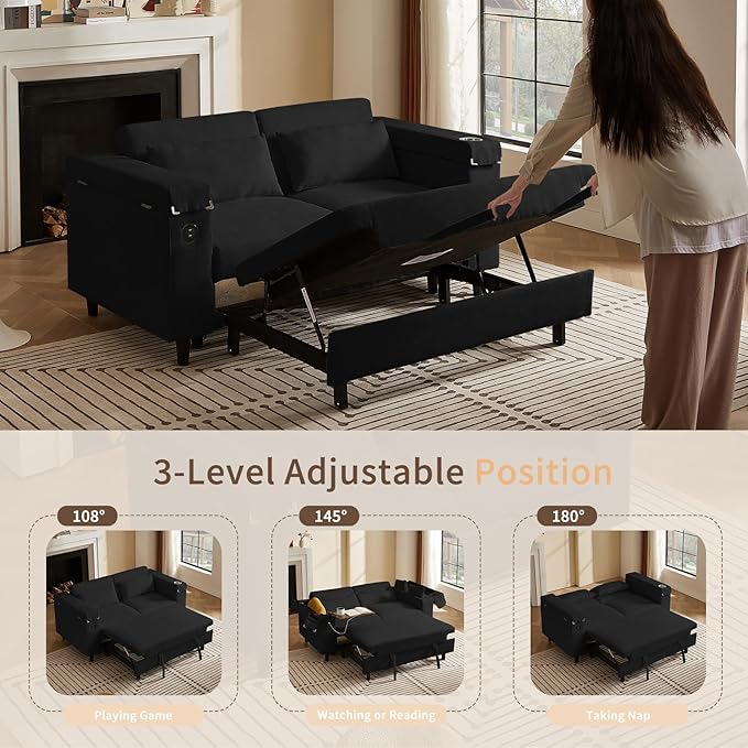 66" Multi-Functional Pull-Out Sofa Bed with Hidden Side Table, Storage Armrests, Built-in Charging Port, Spring Mattress, Solid Wood Frame – Ideal for Small Spaces, Easy Assembly