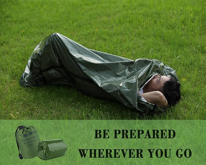 Delmera Emergency Sleeping Bag, Lightweight Survival Sleeping Bags Waterproof Thermal Emergency Blanket, Bivy Sack Survival Gear for Outdoor Adventure, Camping, Hiking, Orange, Green