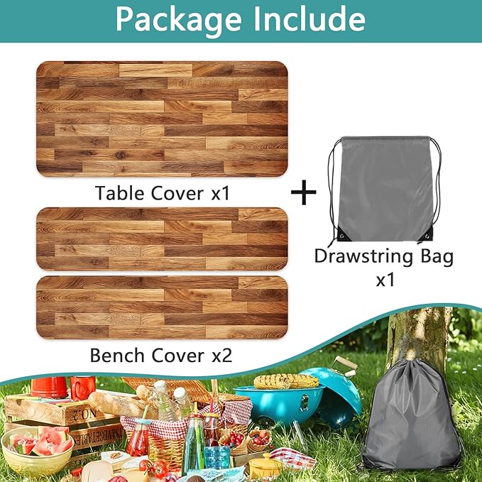 JAWO Picnic Table Covers with Bench Covers Wooden Pattern Camping Tablecloth 8FT for 8 Person Fitted Picnic Table Cover with Elastic Windproof Waterproof Fabric, Camping Accessories Patio & Outdoor