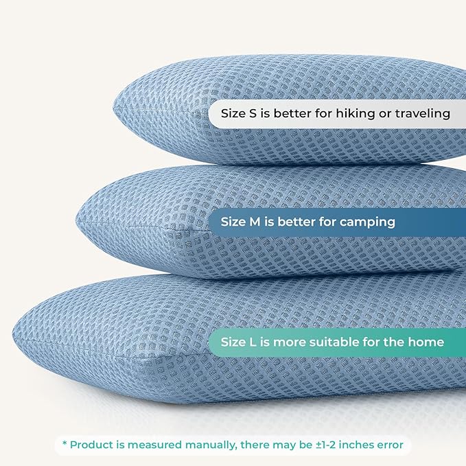 Travel Pillow Memory Foam Pillows, Camping Pillow-Compressible Medium Firm, Breathable Cover, Ideal Backpacking Hiking, Bed Pillows, Airplane and Car (Blue, L)
