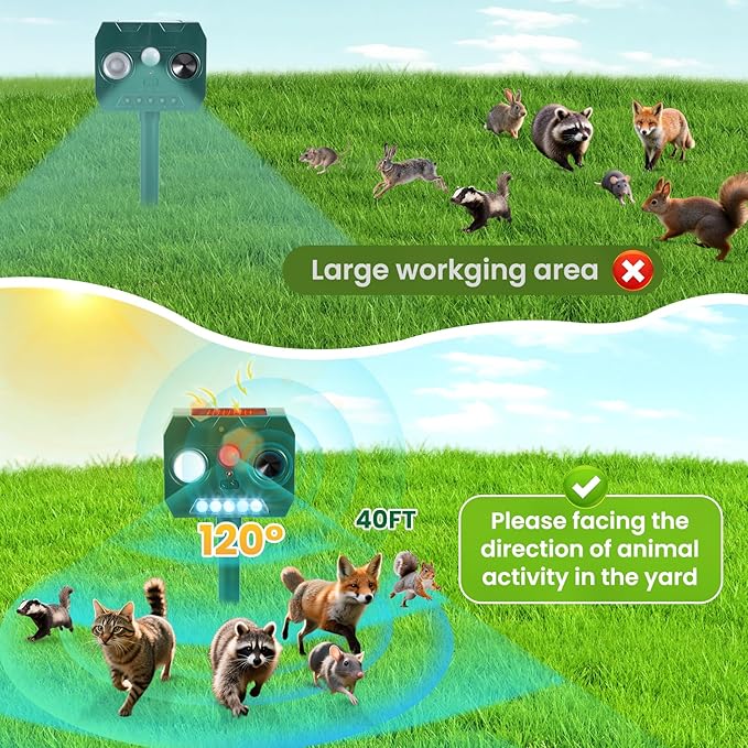 Solar Ultrasonic Animal Repellent Outdoor, 2 Pack Cat Squirrel Raccoon Bird Dog Deer Repellent Devices with PIR Motion Sensor & LED Flash, Waterproof Animal Deterrent for Garden Yard Farm