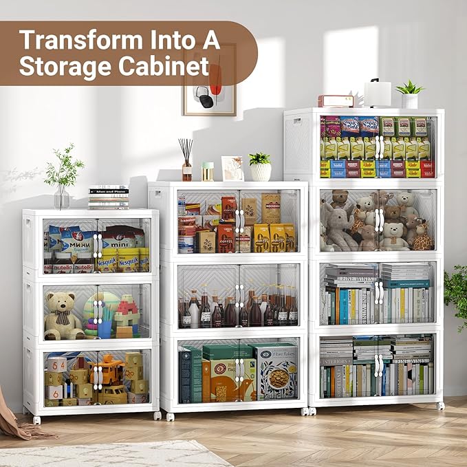 480QT Extra Large Stackable Storage Bins, 120Gal Clear Plastic Closet Organizer Cabinet with Lid and Wheels, Collapsible Latch Boxes Folding Drawer with Door for Home Kitchen, V20 3Pack White