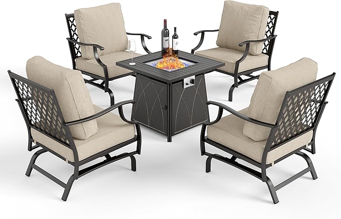 Patio Furniture Set with Fire Pit Table, 5 Pcs Metal Outdoor Conversation Set, 4 Rocking Chairs with 5.75" Extra Thick Cushion and 28" Fire Pit Table for Backyard Deck, Beige