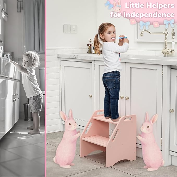 AMBIRD Wooden Kids Step Stool, 15.75'' H Potty Training Toddler 300 lbs Capacity with Safety Non-Slip Pads and Handles, Kitchen Step Stools for Kids, Bamboo Step Stool for Bathroom, High Beds (Pink)