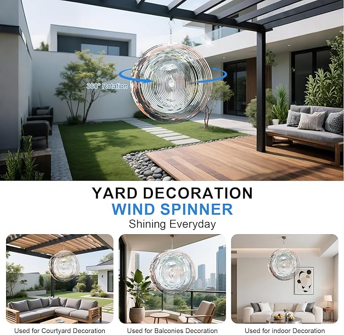 10 inch Wind Spinners Outdoor Silver Round Metal Wind Spinners for Yard and Garden, Stainless Steel Hanging Wind Chimes for Outside Patio Art Decor Whirligig Gifts for Mom Grandmother