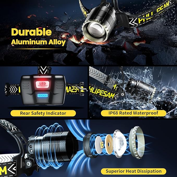 LED Rechargeable Headlamp high Lumen with Motion Sensor, Zoomable Bright Headlamp for Adults, IP68 Waterproof, 115° Adjustable Head Lights for Forehead, High Power for Camping, Hiking, Hard Hat