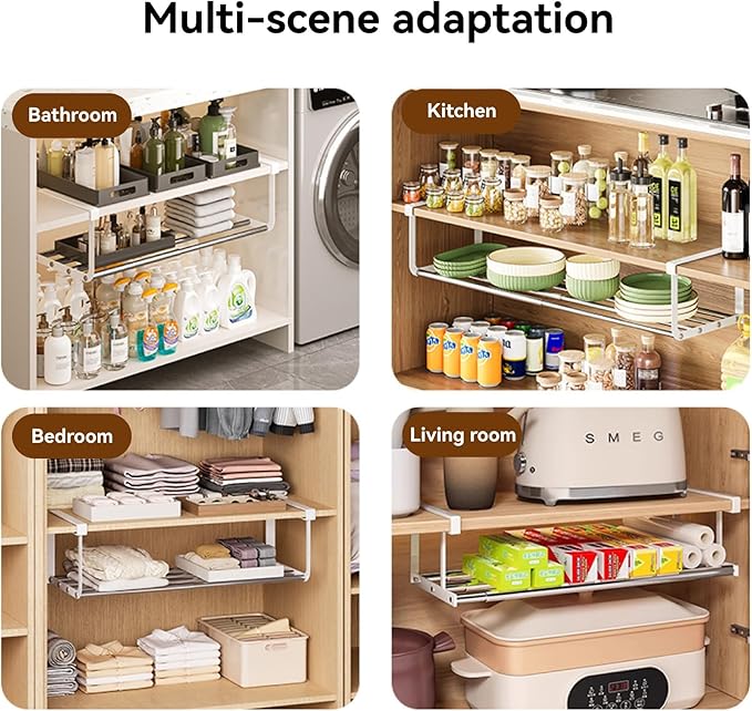 Expandable Shoe Rack Organizer - Adjustable Shoe Rack & Under Cabinet Shelf - for Shoe or Clothing Storage and Organization, Under Shelf Storage (Stainless,2Pcs)