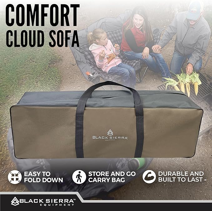 Black Sierra Double Camping Chair for Adults, Oversized Folding Loveseat Supports 600 lbs, Plush Padded Outdoor Couch with Cup Holders and Carry Bag for Beach, Patio, RV, or Tailgating Events