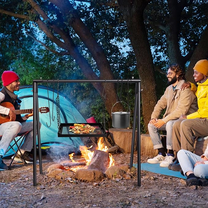 Campfire Swing Cooking Grill Stand, Collapsible Campfire Cooking Rack with Adjustable Iron Grill Grate and Hooks for Outdoor BBQ Picnic Cookware Party Dutch Oven