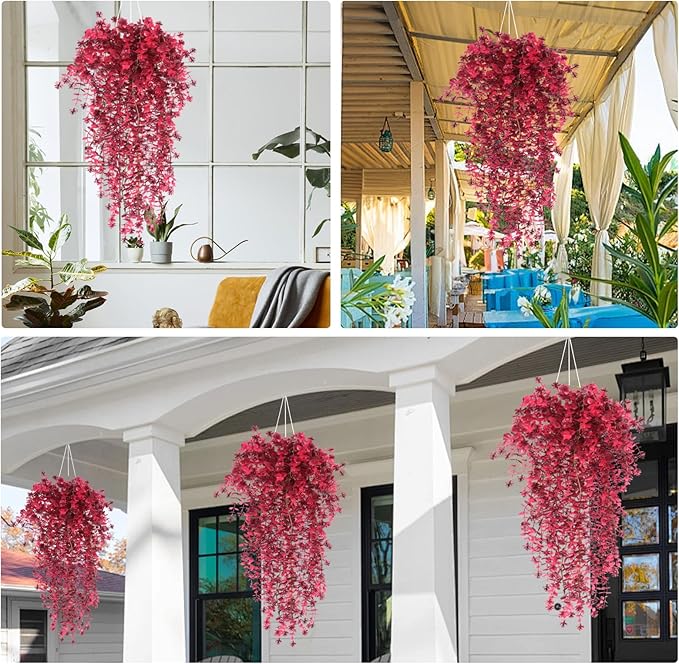 Artificial Hanging Plants Artificial Fall Flowers Faux Autumn Plants Artificial Ferns for Outdoors Hanging Fake Vines Faux Hanging Plants for Fall Decor Indoor Outdoor House Wedding Party(Wine Red)