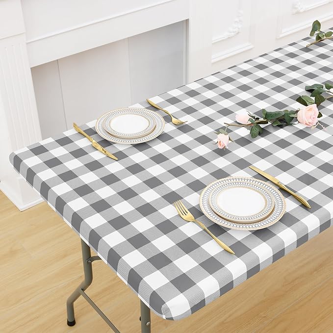 misaya Buffalo Rectangle Picnic Tablecloth, 6 Foot Elastic Fitted Vinyl Table Cloth with Flannel Backing, Waterproof Plaid Table Covers for Dining, Camping, Outdoor (Grey and White, 30" x 72")