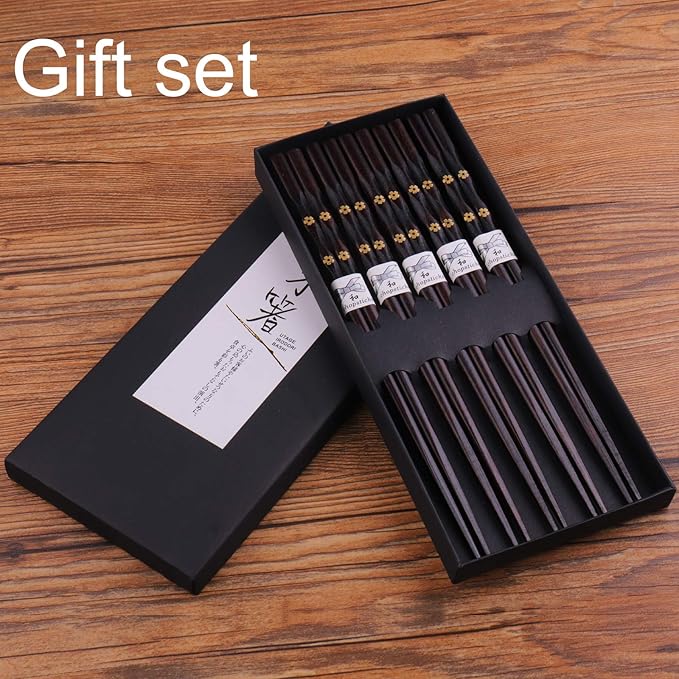 5 Pairs Chopsticks Wooden, Glamfields Reusable Chop sticks, Non-slip Japanese Style gift set