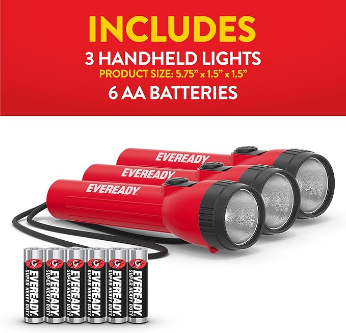 EVEREADY LED Flashlights (3-Pack), Bright Flashlights for Emergencies and Camping Gear, Power Outage Flash Light, AA Batteries Included