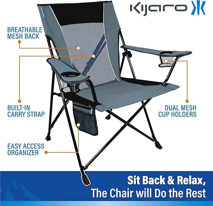 Kijaro Portable Camping Chairs - Enjoy the Outdoors with a Versatile Folding Sports Chair for Outdoor & Lawn - Dual Lock Feature Locks Position – Hallet Peak Gray