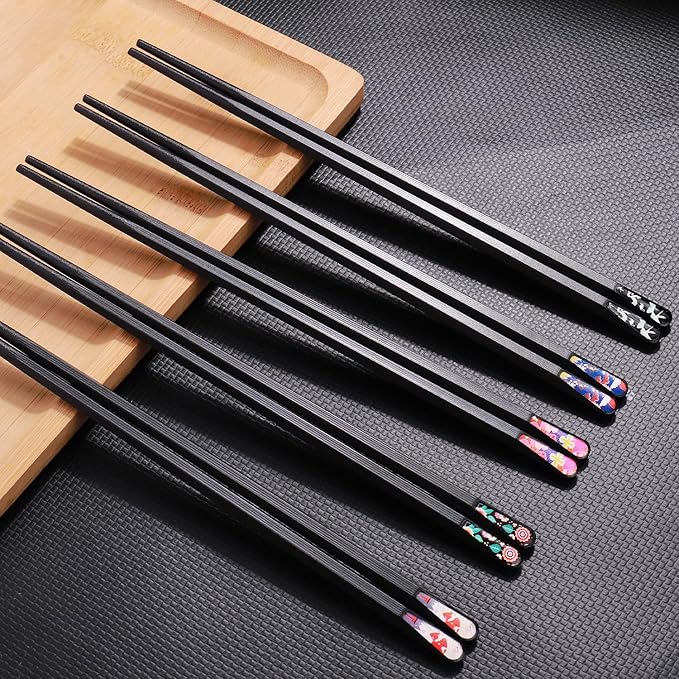 GLAMFIELDS 5 Pairs Premium Chopsticks Reusable Dishwasher Safe 9.5 Inch Fiberglass Chop Sticks Gift Set Hexagon Black Non Slip with the Printed Tops
