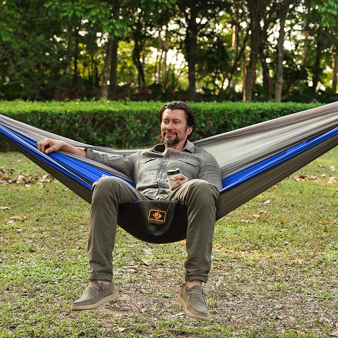 Camping Hammock, Portable Hammocks with Mosquito Net,Lightweight Nylon Parachute Hammock with 10ft Tree Straps,Camping Gear Must Haves for Travel Hiking Backpacking Beach Patio-Deep Grey&Blue