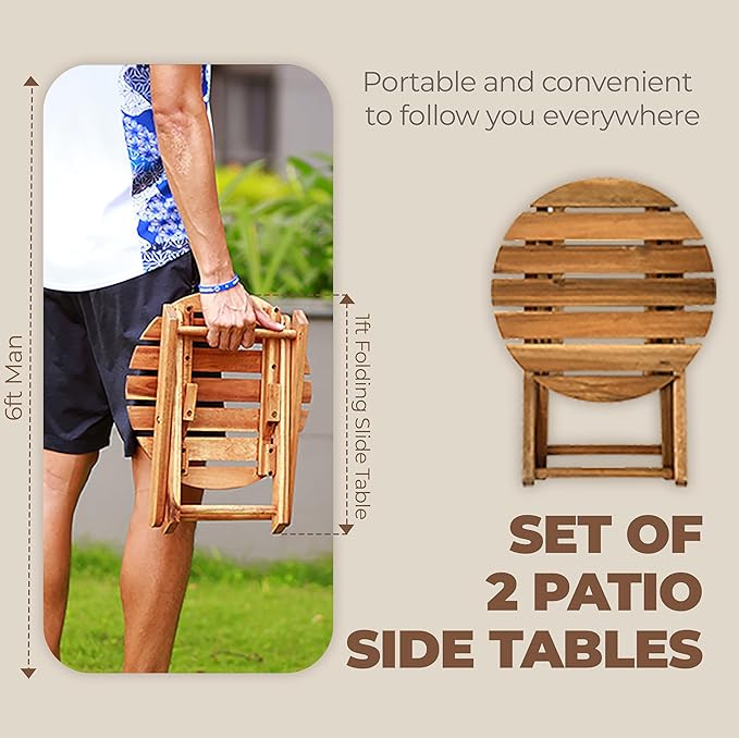 2PCs Folding Side Tables, Waterproof Patio Foldable End Table, Portable Side Table for Indoor and Outdoor Garden, Porch, Balcony, Camping, Fishing, Natural Color, Small Size 13 inch Height