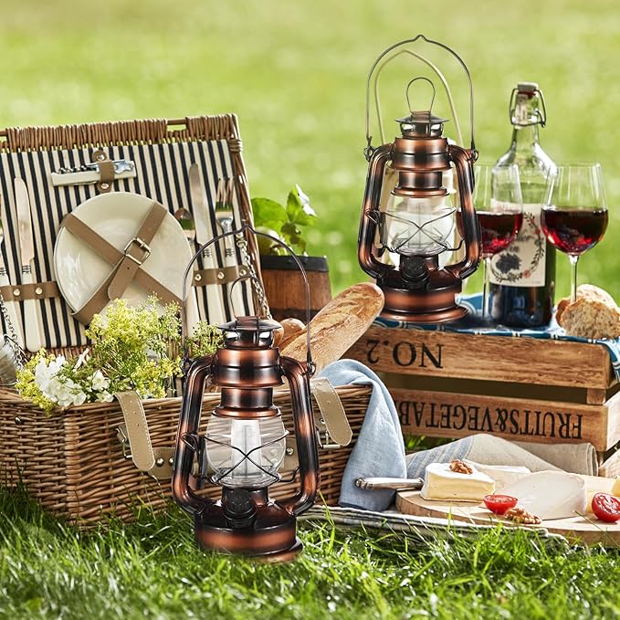 Hortsun 2 Pieces 8 Inch Vintage LED Hurricane Lantern 12 Warm LEDs and Dimmer Switch Battery Operated Farmers Hanging Lantern for Indoor Outdoor Camping Usage Decor