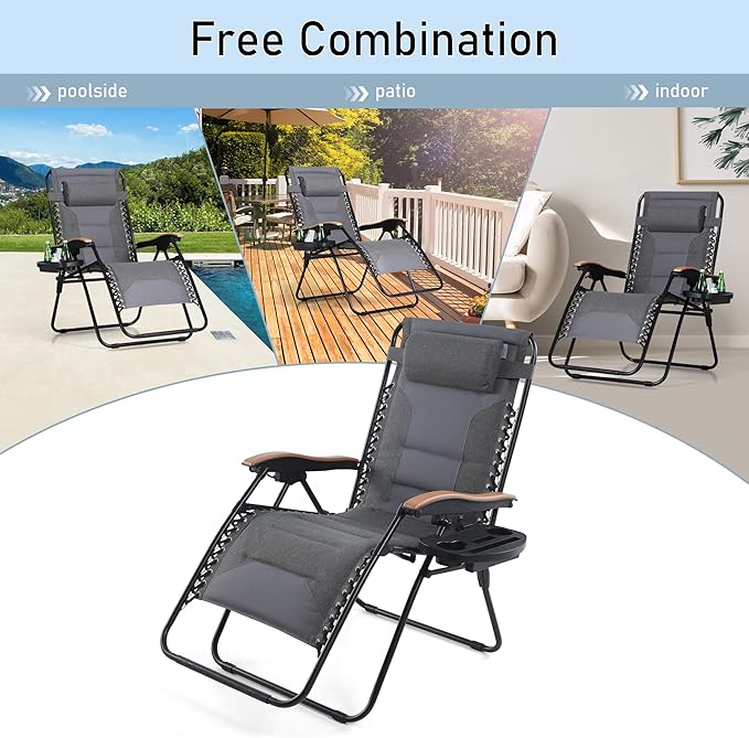 PHI VILLA XXL Oversized Padded Zero Gravity Chair, Foldable Patio Recliner, 30" Wide Seat Anti Gravity Lounger with Cup Holder, Set of 2, Support 400 LBS (Gray)