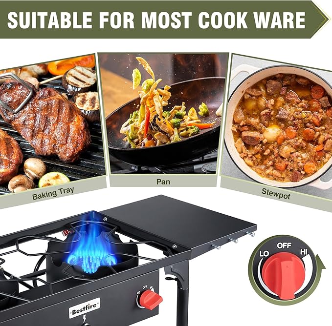 Bestfire 2 burner Camping Stove with Auto Ignition Button,Side Shelves & Regulator150,000 BTU Gas Stove Propane Burner With Removable Legs for Outdoor BBQ&Backyard Cooking Camping Home