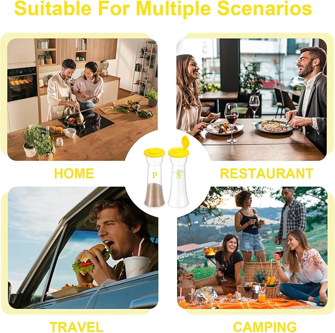 Set of 2 Clear Salt and Pepper Shakers, Plastic Spice Jars with Colorful Lids, Leakproof Moisture-Proof for Home Kitchen Restaurant, Camping, Travel, Picnic (Yllow)