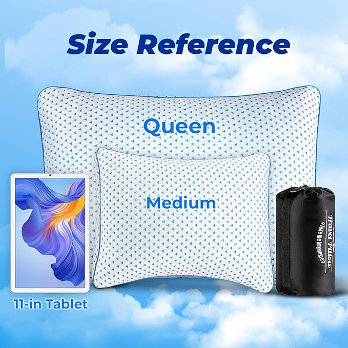 Small Cooling Shredded Memory Foam Pillow for Travel & Camping, Compressible Adjustable Gel Bed Pillow Washable Cover, Medium Firm Neck Lumbar Support, Ideal Sleeping,Car,Airplane,Toddler,Backpacking