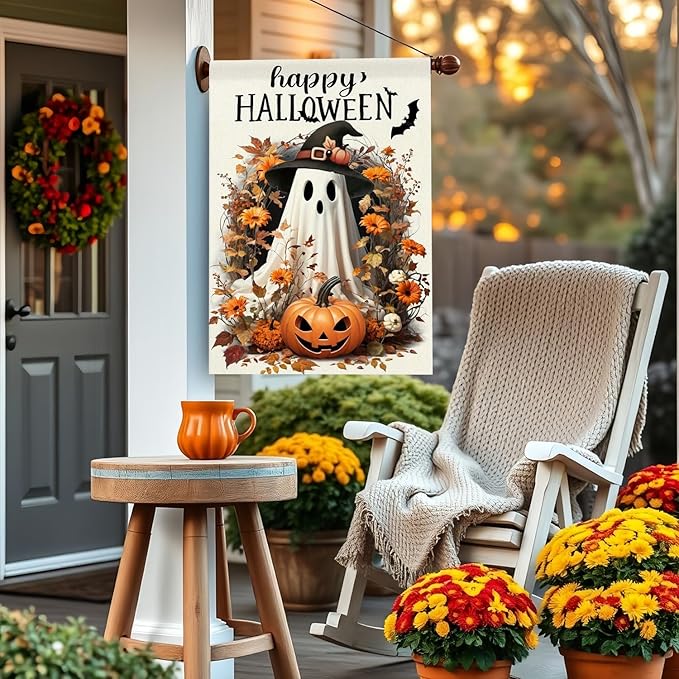 Happy Halloween Garden Flag 12X18 Inch Double Side, Ghost Yard flag,Pumpkin Jack O Lantern Outside Small Garden Flag,Outdoor Flag for Holiday Patio Courtyard Lawn Decoration