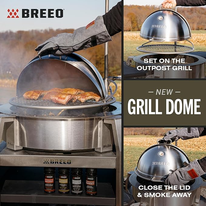 Breeo Grill Dome and Outpost Grill Bundle – Hinged Stainless Steel Dome w/Built-in Thermometer, Griddle Accessories Kit, Outdoor Set for Live-Fire Cooking – Fits X/24, X/30 Series