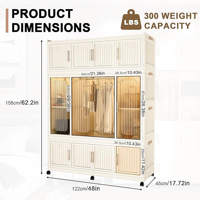 Portable Wardrobe Closet Storage Organizer, Plastic Collapsible Closet Organizer with Transparent Magnetic Door, for Bedroom Living Room,Easy Assemble,12 Cubes & 1 Hanging Rod