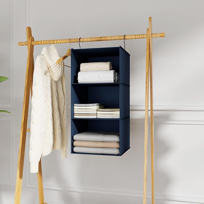 Hanging Closet Organizer - 3-Shelf, Easy Mount Foldable Wardrobe Storage Shelves for Clothes, Handbags, Shoes & Accessories - Washable Oxford Cloth Fabric, Navy Blue