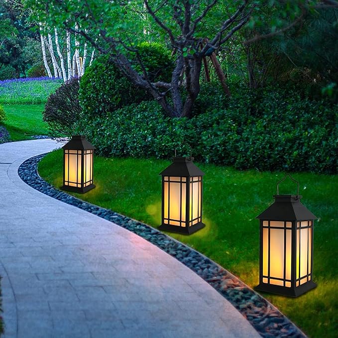 Solar Lantern Outdoor Garden Hanging Lights 11" Waterproof LED Vintage Flickering Flameless Lanterns for Patio, Table, Party, Garden, Yard, Lawn