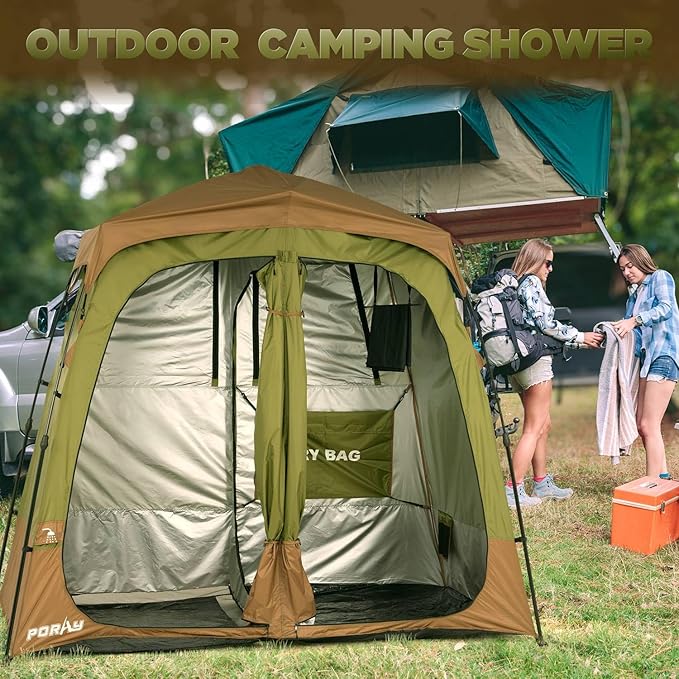 Camping Shower Tent Deluxe Changing Room Easy Set Up Privacy Shelter,Large Toilet Tent with Floor Drain Design for Beach, Camping,Hiking with Stakes and Ropes for Stability