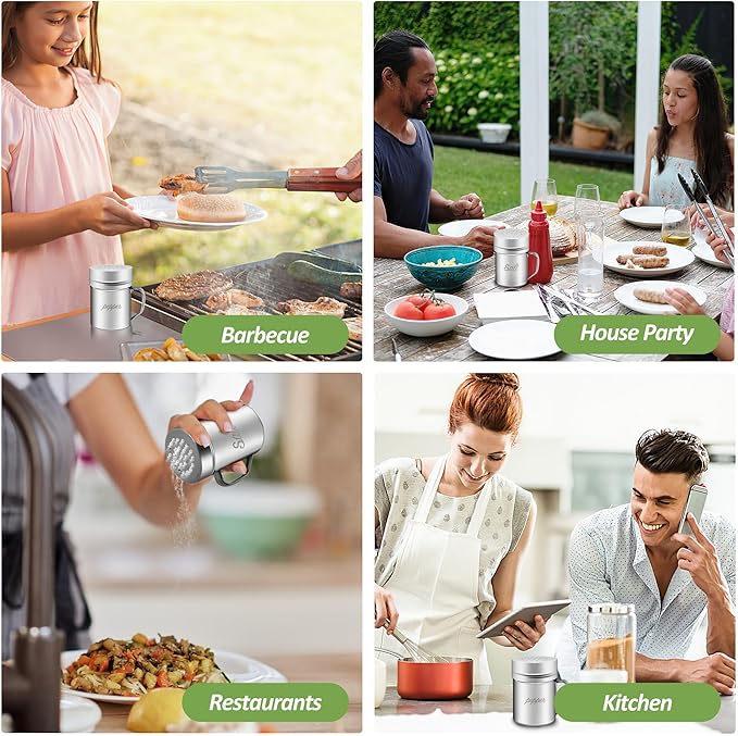 Stainless Steel Salt and Pepper Shakers Set, 6 OZ Seasoning Spice Shaker with Lid and Handle Medium Holes, Metal Dredge Shaker for Powder Sugar Cooking Kitchen Baking (2 Pieces)