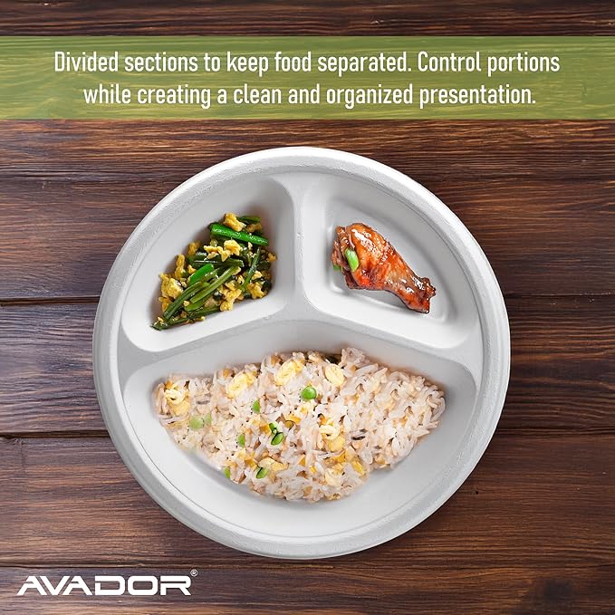 AVADOR® Compostable Tableware 100% Eco-Friendly & Biodegradable Dinnerware Eco-Conscious, Disposable, and 100% Biodegradable (10 inch Partition Plates Pack of 150)