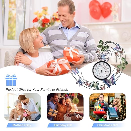 Butterfly Outdoor Thermometer, Metal Outdoor Wall Thermometer No Need Battery, Indoor Outdoor Thermometer Large Wall Art Decor for Patio, Garden, Living Room