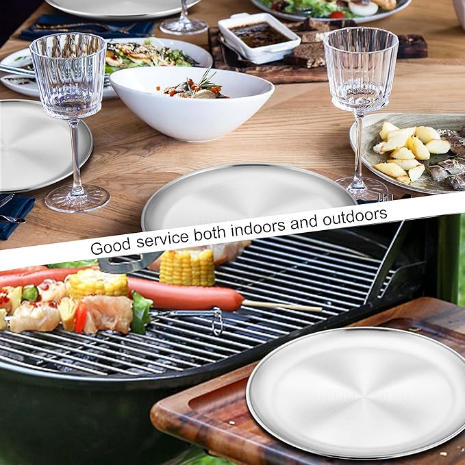 Homikit 6 Pack Stainless Steel Plates, 8 Inch Metal Kids Toddler Dinner Plate Set Non Toxic, 304 Round Camping Plates for Serving Dishes Dessert Salad, Unbreakable & Reusable, Dishwasher Safe