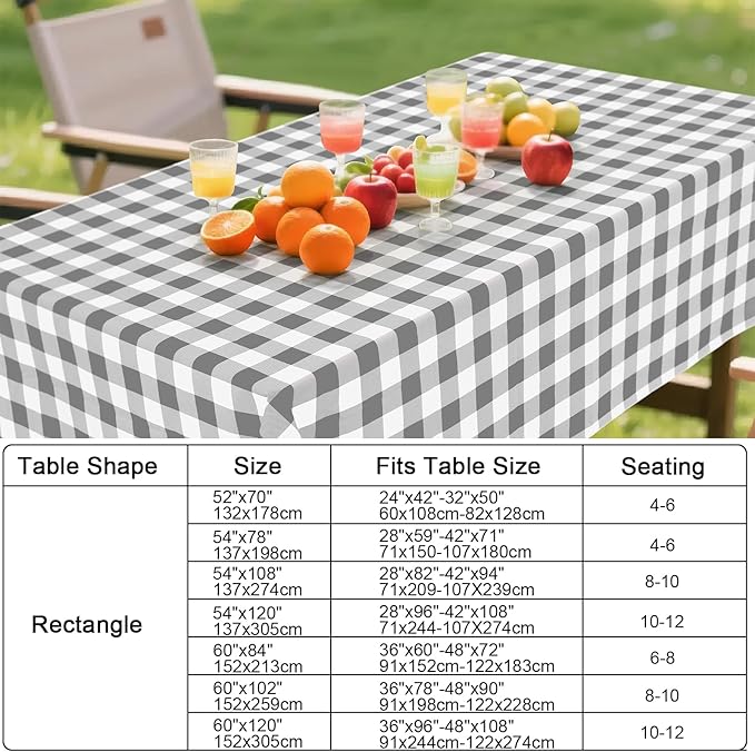 Smiry Rectangle Table Cloth, Waterproof Vinyl Tablecloth with Flannel Backing, Wipeable Buffalo Plaid Table Cover for Dining, Indoor and Outdoor (Grey & White, 52"x70")